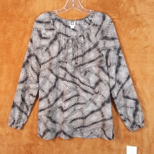 ANNE KLEIN Top Womens XS Brown Blouse Keyhole Peasant Gypsy Abstract Swirl - Picture 1 of 8