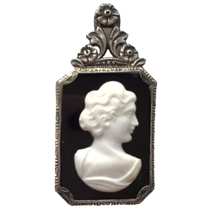 Vintage JB Sterling Silver Cameo Pendant 2" Black Onyx BEAUTIFUL - Picture 1 of 5
