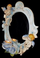 Italian Ceramic Wall Mirror Capodimonte Winged Cherub Putti Candelabra RARE
