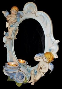 Italian Ceramic Wall Mirror Capodimonte Winged Cherub Putti Candelabra RARE