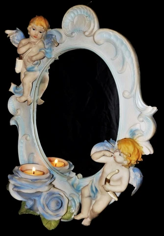 Italian Ceramic Wall Mirror Capodimonte Winged Cherub Putti Candelabra RARE Cover