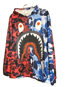 UNISEX SHARK PULLOVER HOODIE w FRONT POUCH POCKET SPLIT BLUE/RED CAMO 3XL MENS - Picture 1 of 9
