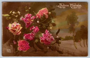 Bonne Annee, Feliz Año Nuevo, Escena de Invierno, Rosas, Postal Antigua 1918 - Imagen 1 de 2