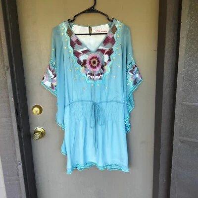 Matthew Williamson 100% 真丝蓝色粉色和金色刺绣长衫连衣裙,尺寸 2 — 第 1/4 张图片