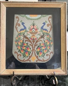 Vtg “Berlin Wool Work” Needlepoint Wooden Frame Peacocks Urn MCM ?Purse READ - Picture 1 of 23