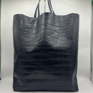 CELINE Horizontal Cabas Tote Bag Croc Embossed Leather Black Gold Logo USED - Picture 1 of 17