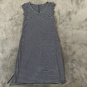 Toad & Co Muse Midi Cinch Kleid MEDIUM Navy Streifen Kurzarm V-Ausschnitt - Bild 1 von 7