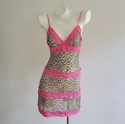 Vestido Rampage Vintage Y2K Estampado Leopardo Malla Chemise Sin Mangas Mediano Encaje Ribete Retro Foto 1 de 4