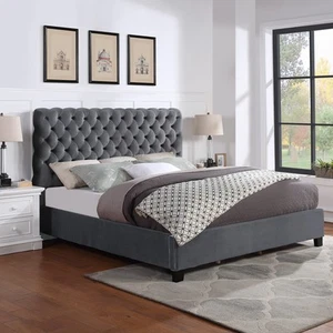 Apoera Velvet Upholstered Button Tufted Bed, Queen, Gray - Picture 1 of 5