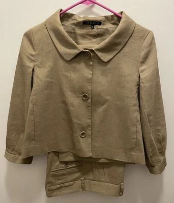 Traje pantalón Theory para mujer 2 piezas lino/lana marrón chaqueta talla 2 pantalones talla 4 Foto 1 de 4