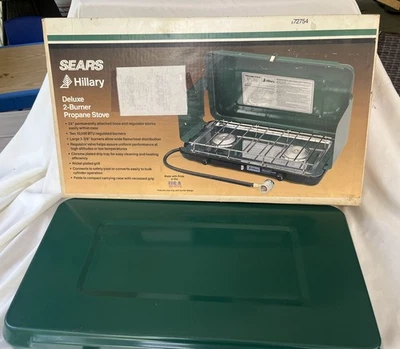 Estufa de propano de dos quemadores vintage Sears Hillary Deluxe 672754 en caja con recibo Foto 1 de 4