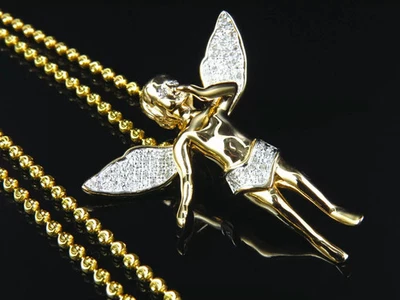 Colgante y cadena con dije de ángel de diamantes VVS1 de 1 quilate en acabado de oro amarillo de 14 quilates de 1,5" Foto 1 de 4