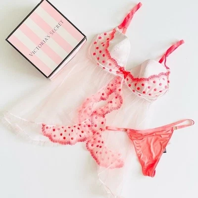 36C LARGE Victoria’s Secret white coral babydoll lingerie set vstring panties Foto 1 de 4