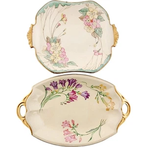E Rolland Art Deco Plates Hand Painted Floral Design Pair 26cm 22cm - Picture 1 of 7