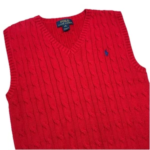 Polo Ralph Lauren Pullover Weste Junge M (10-12) rot Zopfmuster dunkelblau Pony V-Ausschnitt - Bild 1 von 7