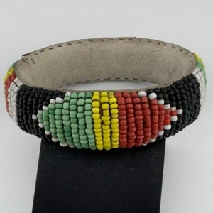 Vtg African Tribal Bracelet Beaded Leather Bangle Cuff Handmade Seed Bead 7.25" - Picture 1 of 5