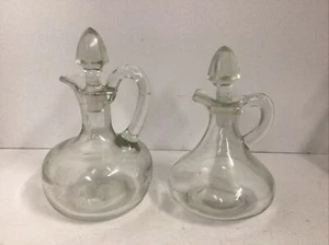 VINTAGE OIL AND VINEGAR CRUET SET WITH STOPPERS CLEAR GLASS W/Handles - Picture 1 of 6