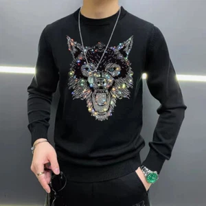 New Men Luxury Diamond Wolf Rhinestones Fashion Knitted Black White Sweater - Picture 1 of 19