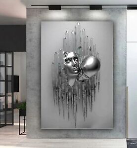 Silver Metallic 3D effect Lovers Faces Heads Canvas Wall Art or Poster Print