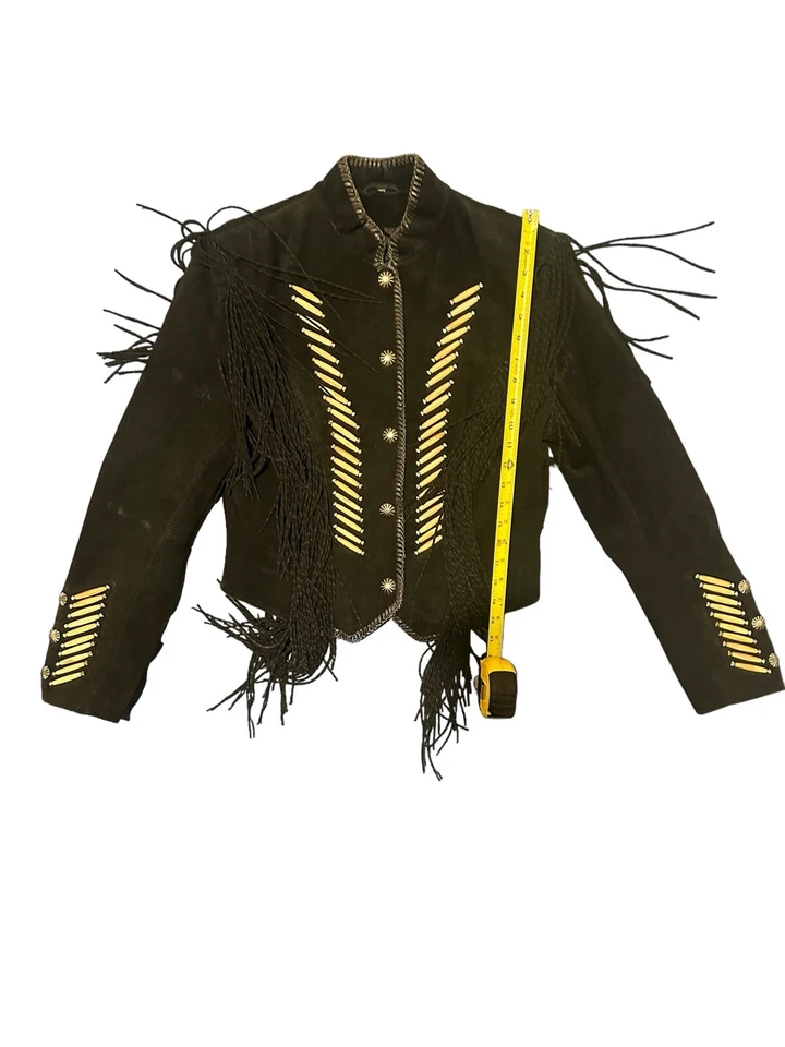 Rare Cripple Creek Fringe Western Military Suede Leather Black Jacket - Image 1 of 4