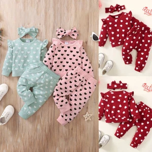 3PCS Baby Girl Clothes Ruffle Long Sleeve Heart Printed Sweatshirts Tops Pants - Picture 1 of 15