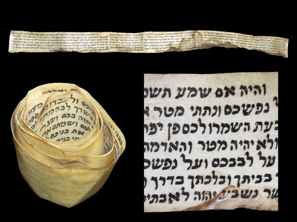 Auténtico Antiguo Manuscrito Hebreo Torá Pergamino Circa 1600 - 1700’s Tefilín Foto 1 de 4