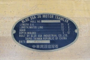 BLUE SEA MOTOR TRAWLER Brass Boat Ship Nautical Nameplate Tag Sign Ad - Imagen 1 de 9