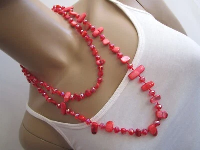 Damen Hals Kette Modekette Bettelkette lang Perlmutt Perlen Rot Endloskette TOP - Bild 1 von 4