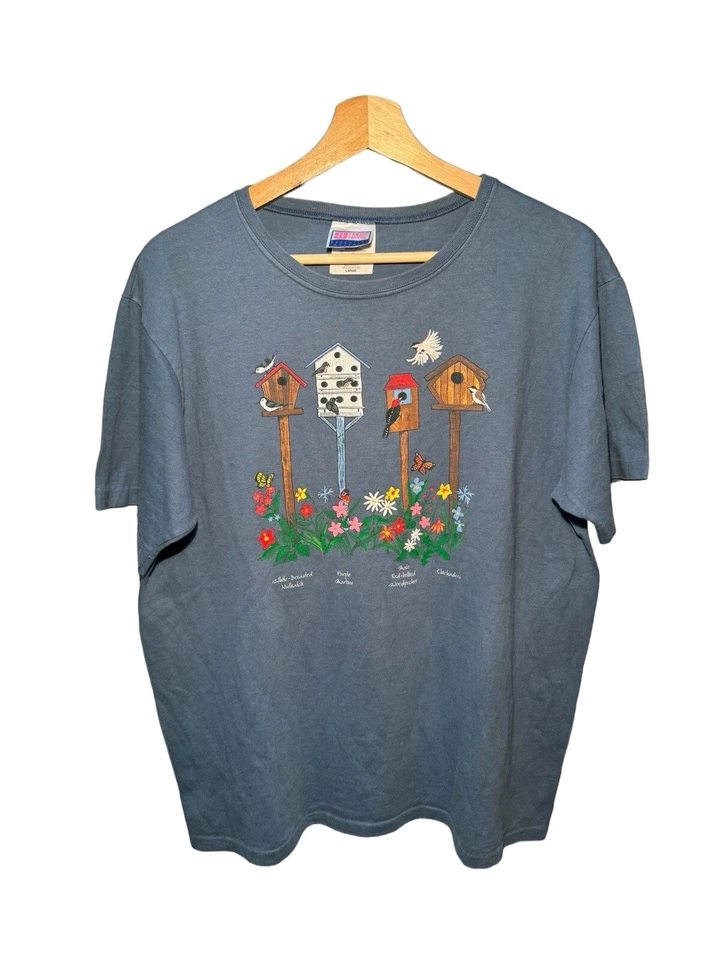Camiseta Vintage Años 90 Pájaros Flores y Pajareras Mujer’s L Azul Puntada Única   Foto 1 de 4