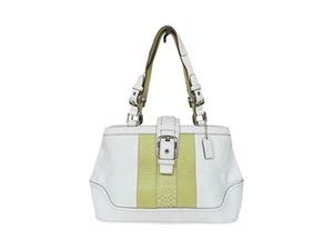 Coach Hampton White Leather Stripe Buckle Double Handle Satchel Shoulder Bag - Picture 1 of 12
