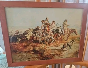 C M Russell 1898, Indianer, Pferde, Hunde, 13"x10" gerahmter Druck 1940er - Bild 1 von 5