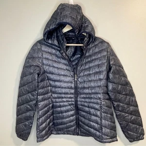 Tommy Hilfiger Heathered Blue Packable Lightweight Down Hooded Zip Jacket Large - Picture 1 of 5