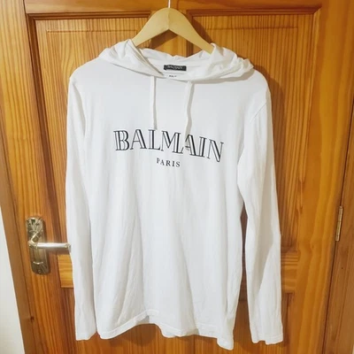 Camiseta com capuz BALMAIN PARIS feminina manga longa com capuz algodão branco tamanho G/12 - Imagem 1 de 4