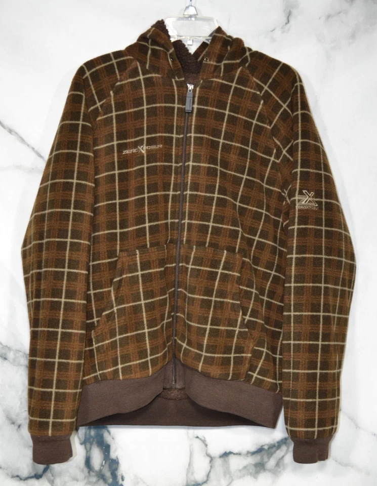 Chaqueta grande forro Sherpa ZERO XPOSUR para hombre con capucha marrón a cuadros polar cremallera frontal Foto 1 de 4