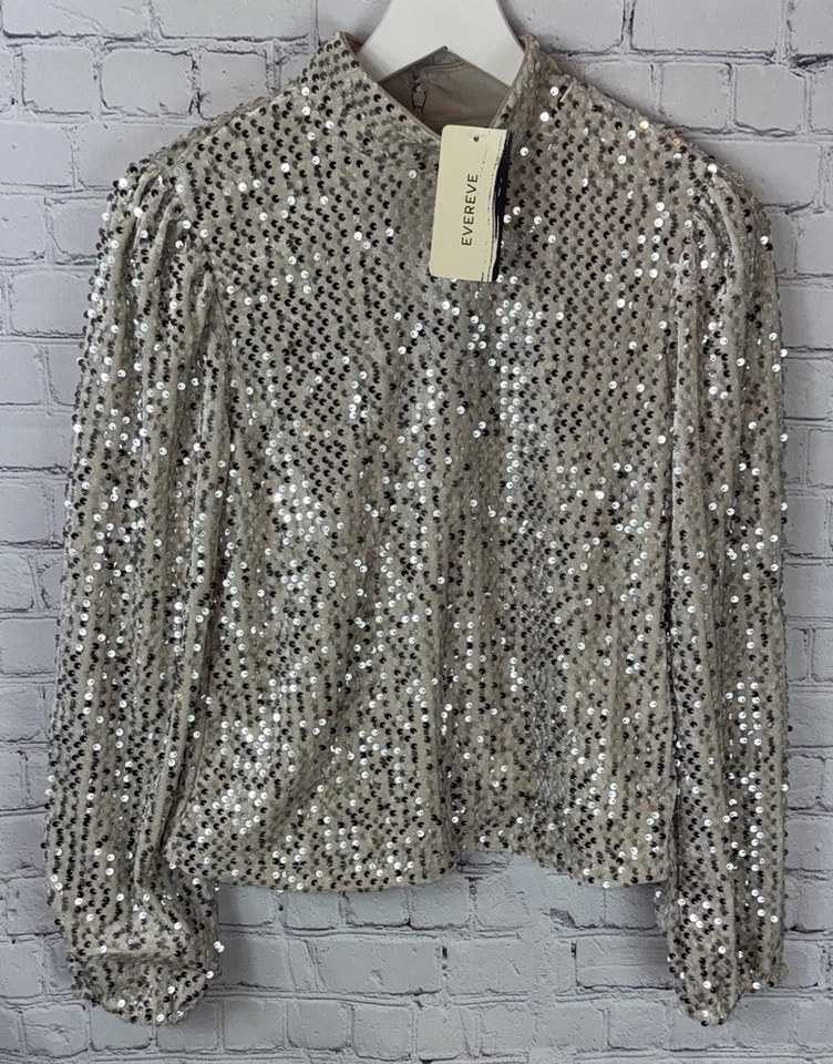 EVEREVE SANCTUARY Champagne Sequin Blouse Medium All Nighter Mock Neck