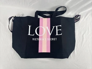 New NWT Victoria's Secret LOVE Zip Canvas Tote Bag Weekender Strap Black Pink - Picture 1 of 3