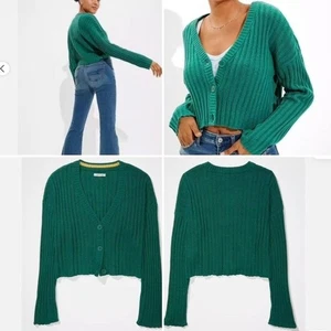 American Eagle Small oversize crop button V-Neck green preppy Sweater Cardigan - Picture 1 of 16