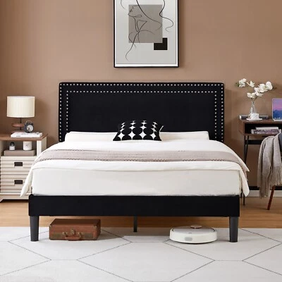 Upholstered Twin/Full/Queen Size Bed Frame Platform with Headboard Wooden Slat - Image 1 of 4