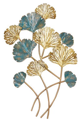 Wandbild 48x76cm Gold Blau Ginkgo Metall-Bild Wand-Deko Wandhänger Wandobjekt - Bild 1 von 4