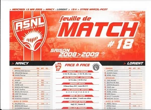 Feuille de match N°18 ASNL - Lorient (2008 - 2009) - Ligue 1 - Picture 1 of 1