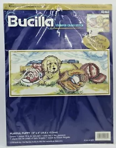 "Playful Puppy" #42462 Stamped Cross Stitch Kit 14" x 6" By Bucilla NEW! - Picture 1 of 3