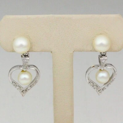 14K White Gold Pearl & Accent Diamond Heart Drop / Dangle Earrings - Pierced - Image 1 of 4