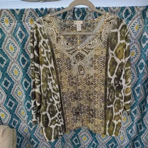 Chicos Size 2 Ladies Olive Green Animal Print Beaded Knit Top B2 - Picture 1 of 5