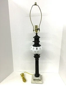 Vintage Fenton Table Lamp, White Coin Dot Art Glass Brass & Marble Base MCM - Picture 1 of 11
