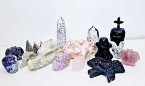 HUGE lot of 15 Crystal Carvings Specimens, 3.5 LBS Rock Minerals Skulls Towers - Picture 1 of 14