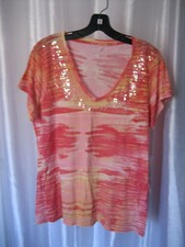 Calvin Klein Jeans Sunkist Coral Women's Peach Tye Dye Sequin V Neck Shirt Sz XL