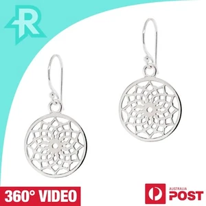 Open Lotus Flower Circular Mandala Sterling Silver 925 Hook Earrings - Picture 1 of 6