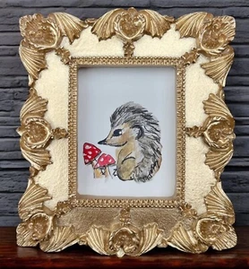 Hedgehog & mushrooms mini watercolor print in gold vintage style ornate frame - Picture 1 of 3