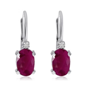 14k White Gold Oval Ruby and Diamond Leverback Earrings - Picture 1 of 4