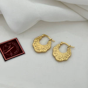 18K Gold Plated Rectangular Hoop Earrings With Love Heart French Vintage Style - Picture 1 of 1